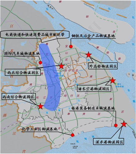 重點(diǎn)物流園區(qū)、重點(diǎn)制造業(yè)物流基地、城市特色配送物流帶布局示意